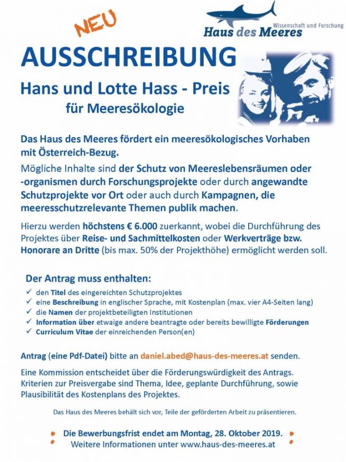 Ausschreibung Hans und Lotte Hass - Preis für Meeresökologie 2020 Ausschreibung Hans und Lotte Hass - Preis für Meeresökologie 2020
