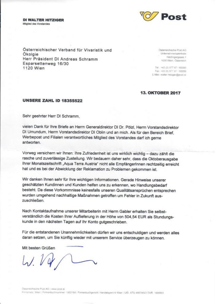 Antwort der Post vom 13. Oktober 2017 Antwort der Post vom 13. Oktober 2017